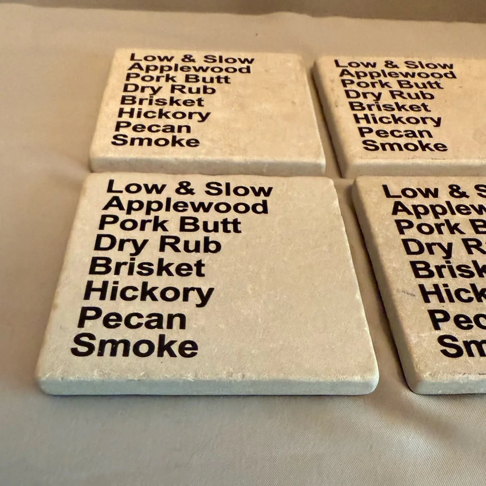 Set of 4 BBQ Themed Marble Coasters new smoked pork applewood hickory grill cook